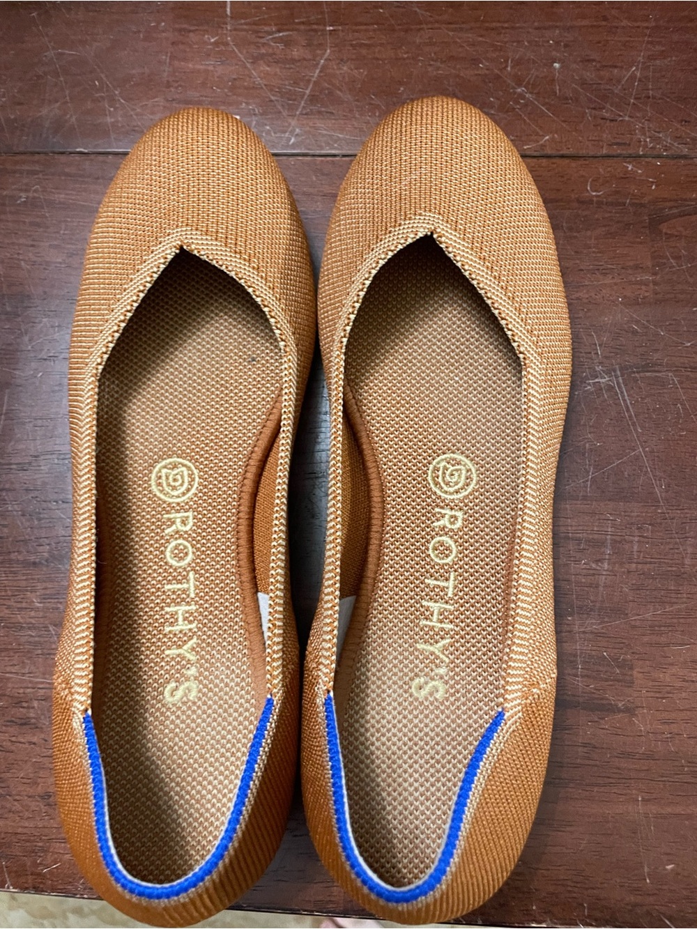 Rothy's Camel Knit Pointed-Toe Flats with Blue Trim